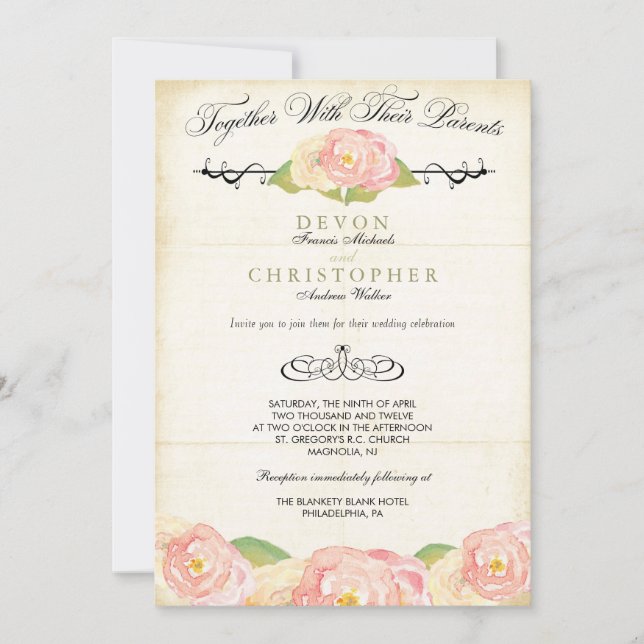 Faire-part de mariage rose et crème floral (Devant)