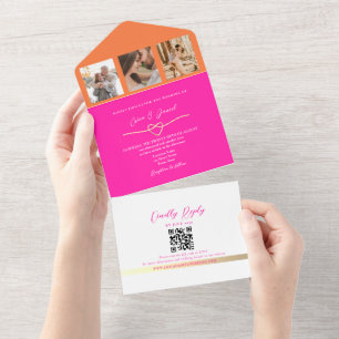 Faire-part de mariage rose et orange avec code QR