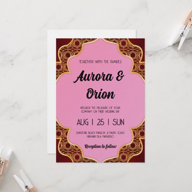 faire-part de mariage rose et rouge rétro (Devant/Arrière en situation)