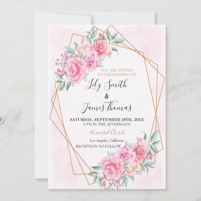 Faire-part de mariage rose floral (Devant)