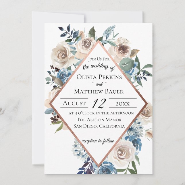 Faire-part de mariage rose floral bleu poussiéreux (Devant)