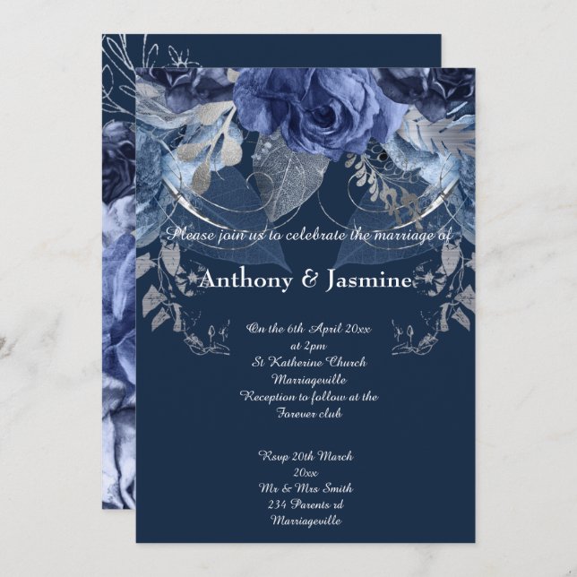 Faire-part de mariage ROSE FLORAL ELEGANT NAVY (Devant / Derrière)