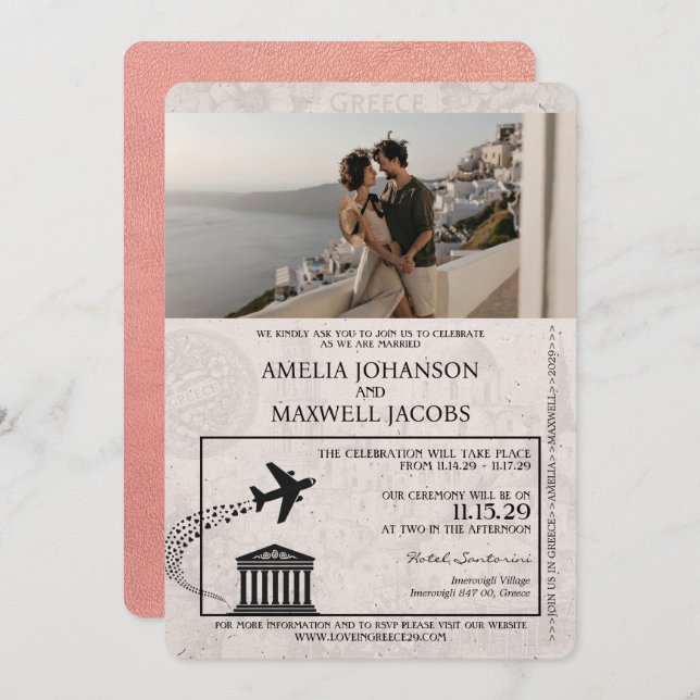 Faire-part de mariage rose Gold Grèce Passport (Devant / Derrière)