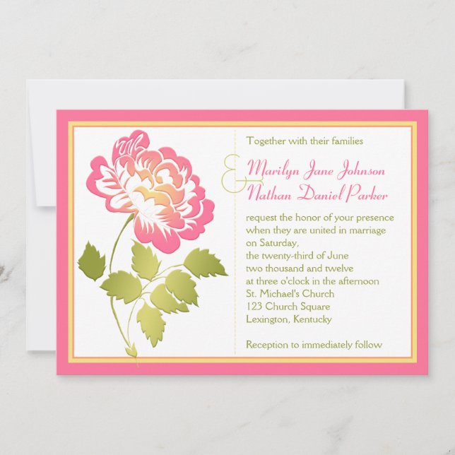 Faire-part de mariage rose, jaune, et vert de (Devant)