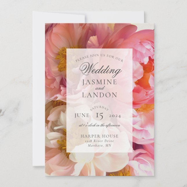 Faire-part de mariage rose Peony (Devant)