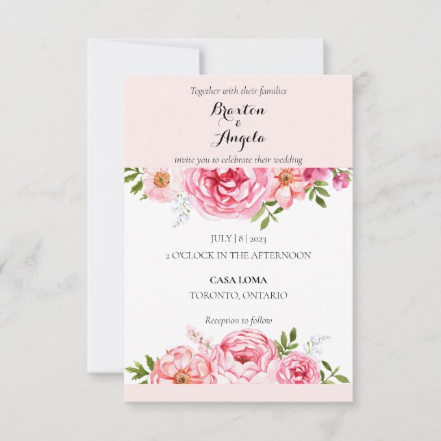 Faire-part de mariage rose personnalisable avec fl (Devant)