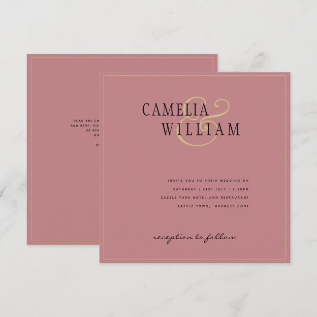Faire-part de mariage rose poudré moderne dusty ro (Devant / Derrière)