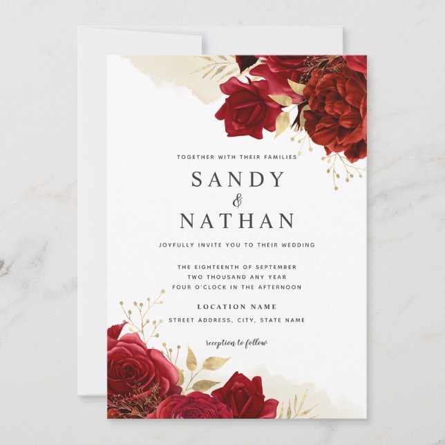 Faire-part de mariage Rose romantique Red Gold (Devant)