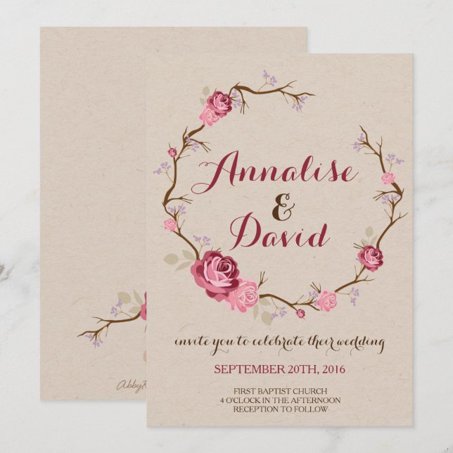 Faire-part de mariage Rose rustique (Devant / Derrière)