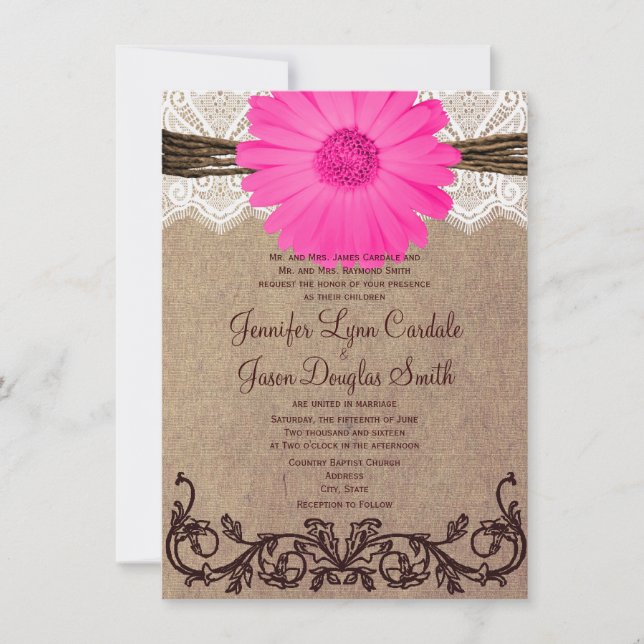 Faire-part de mariage rose rustique de dentelle de (Devant)