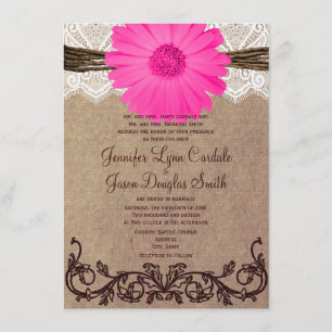 Faire-part de mariage rose rustique de dentelle de