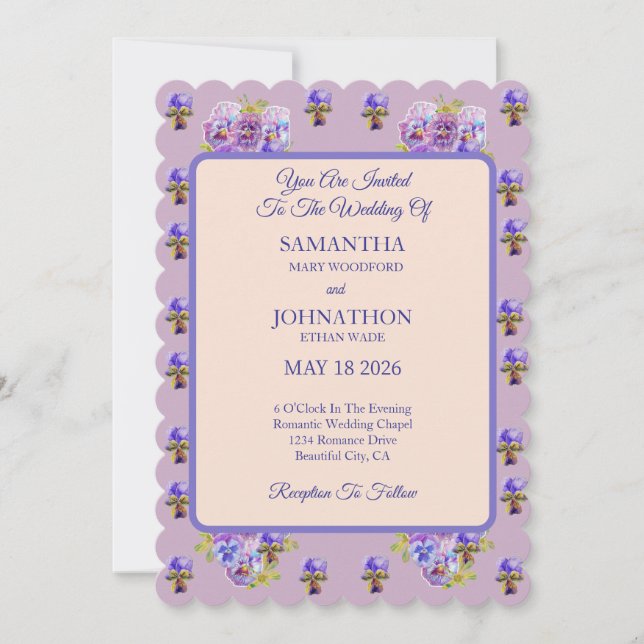 Faire-part de mariage rose Shabby Chic Fleur Pansy (Devant)