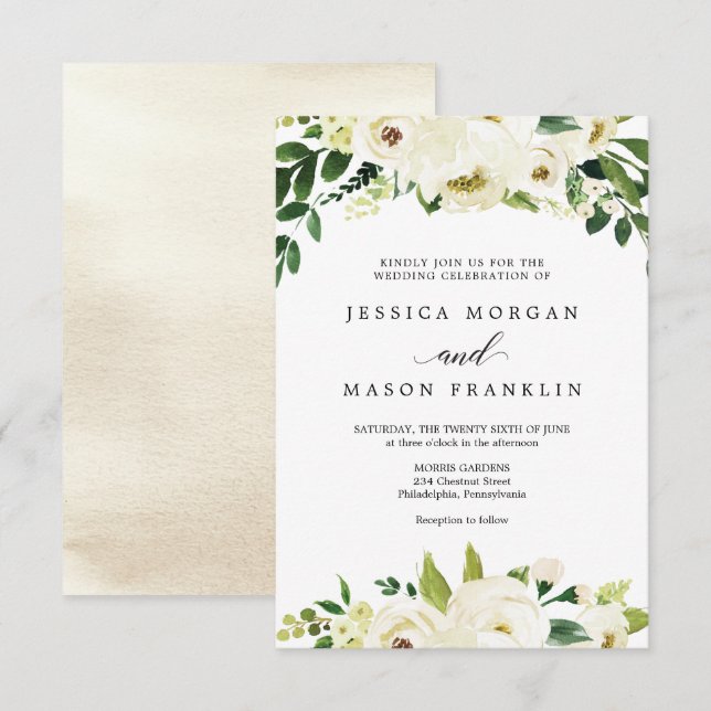 Faire-part de mariage Roses blanches (Devant / Derrière)