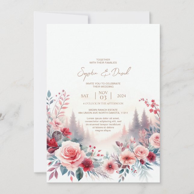 Faire-part de mariage Roses rouges et pins (Devant)