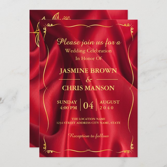 Faire-part de mariage Rouge Et Or Élégant Moderne (Devant / Derrière)