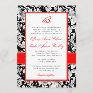 faire-part de mariage rouge noir blanc damassé