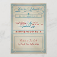 Faire-part de mariage rouge vintage blanc et bleu