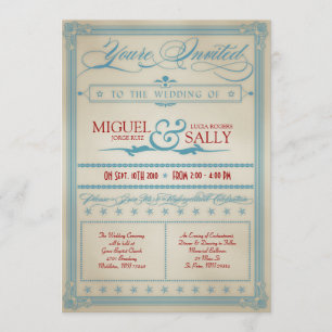 Faire-part de mariage rouge vintage blanc et bleu