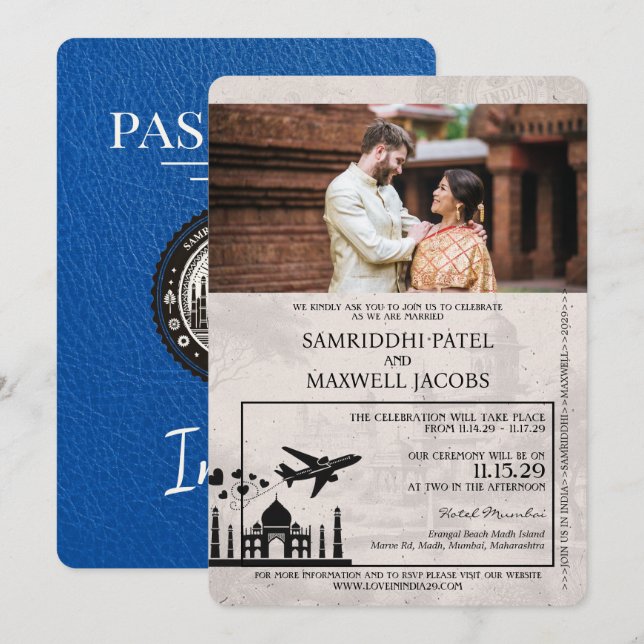 Faire-part de mariage Royal Blue India Passport (Devant / Derrière)
