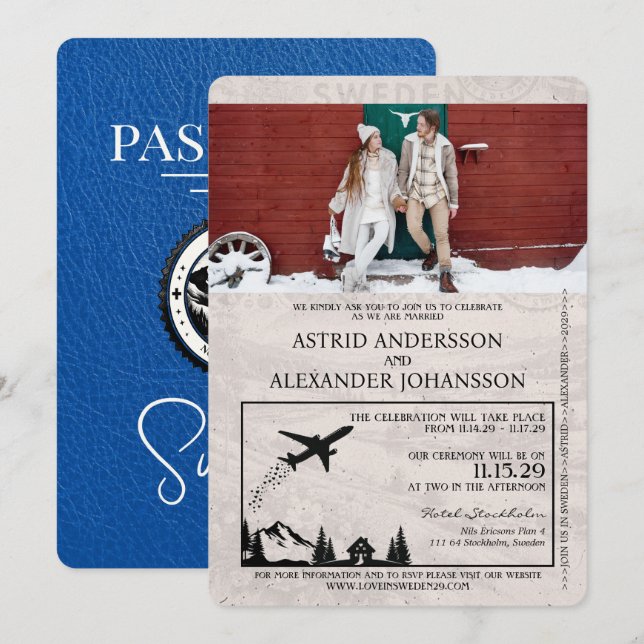 Faire-part de mariage Royal Blue Suède Passport (Devant / Derrière)