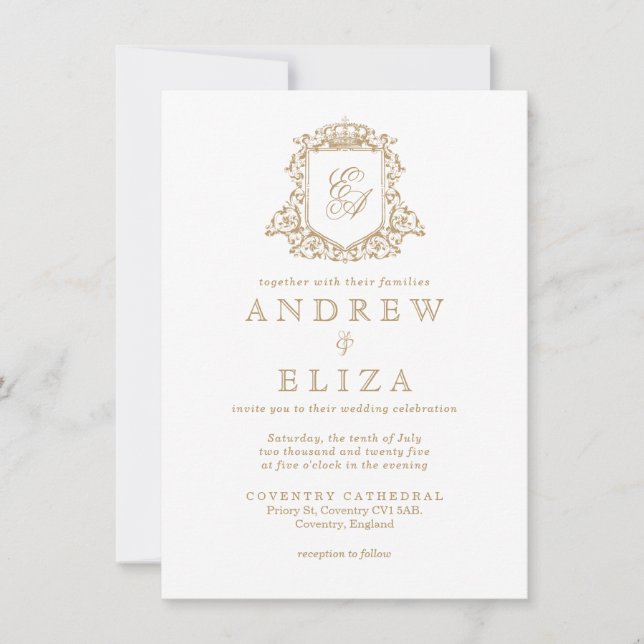 Faire-part de mariage Royal Gold Monogram Crest (Devant)