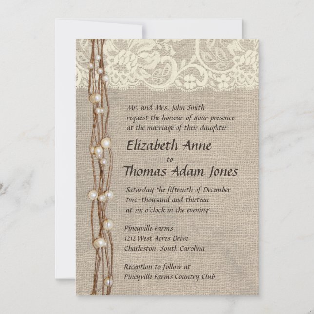 Faire-part de mariage Russe Burlap Lace Pearls (Devant)