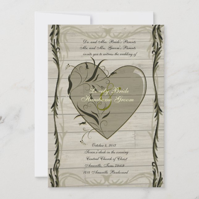 Faire-part de mariage Rustic Wood Hearts and Vines (Devant)