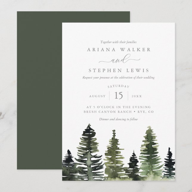 Faire-part de mariage Rustique Aquarelle Pine Tree (Devant / Derrière)