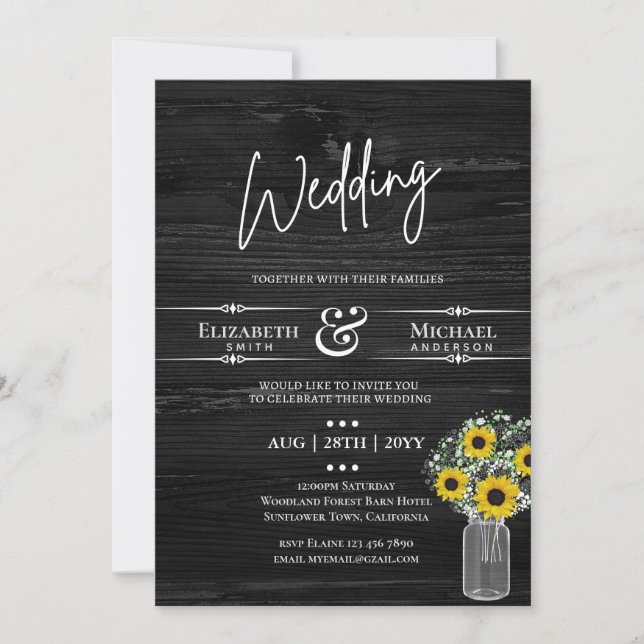 Faire-part de mariage rustique BUDGET Tournesol no (Devant)