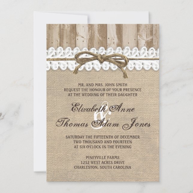 Faire-part de mariage rustique Burlap Barn Wood Tw (Devant)