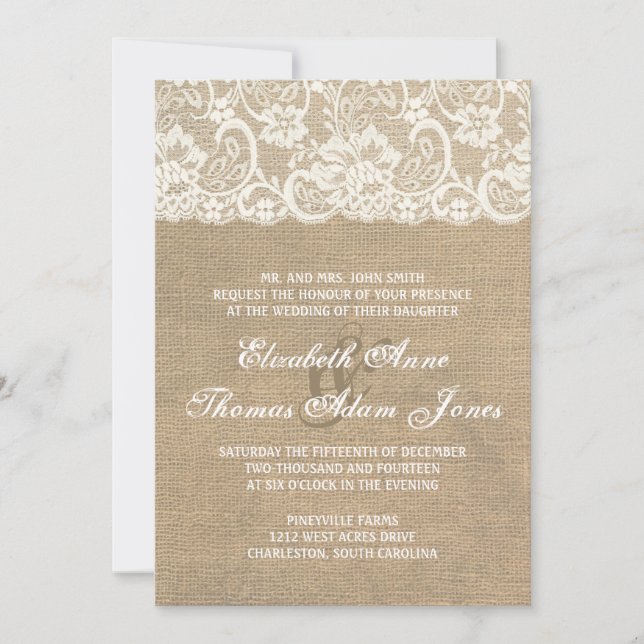 Faire-part de mariage rustique de Burlap et de den (Devant)