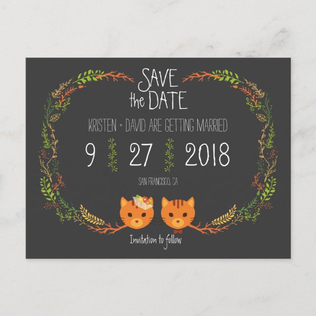 Faire-part de mariage rustique de chats de la forê (Devant)
