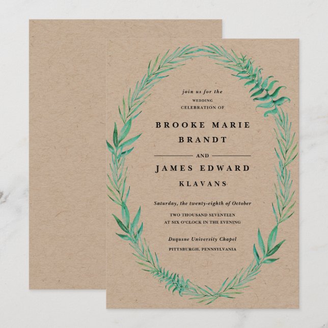 Faire-part de mariage rustique de verdure de couro (Devant / Derrière)