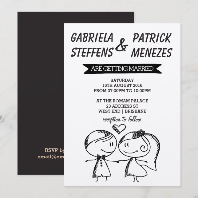 Faire-part de mariage rustique Doodle Couple (Devant / Derrière)