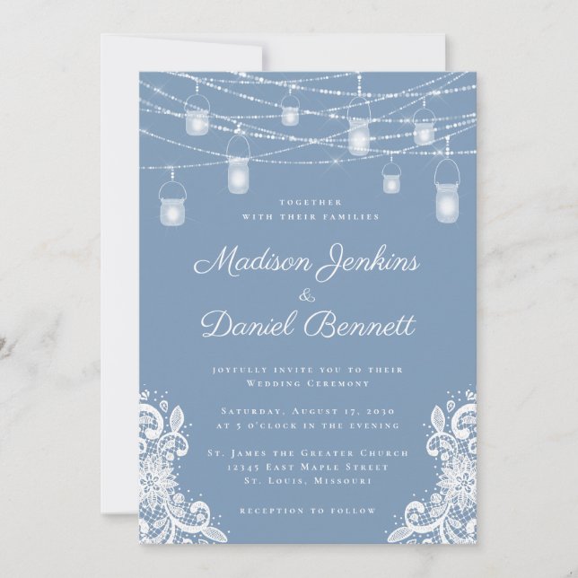 Faire-part de mariage Rustique Dusty Blue Lights (Devant)