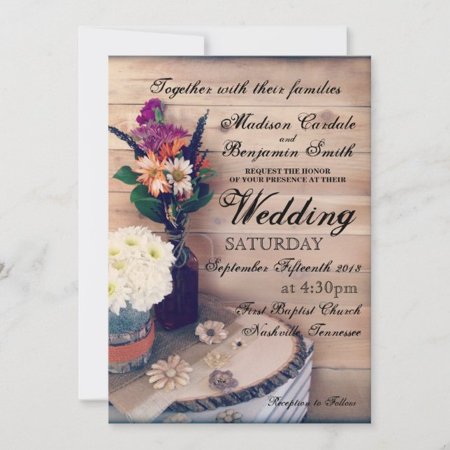 Faire-part de mariage rustique en bois et fleurs (Devant)