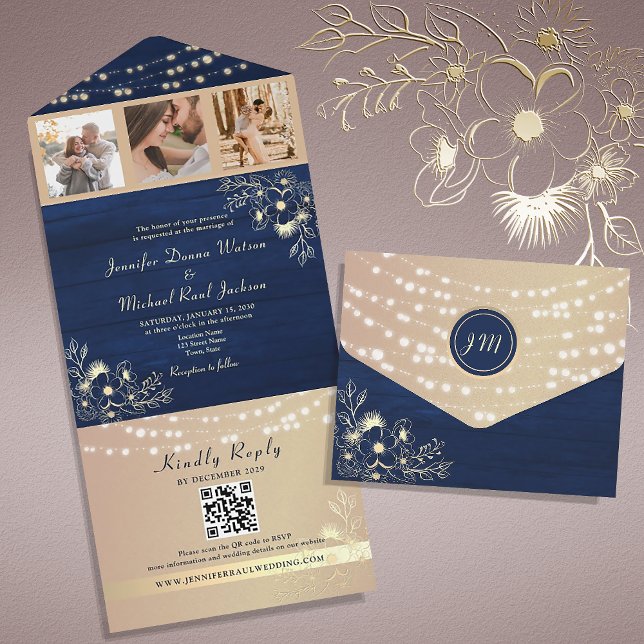 Faire-part de mariage rustique Navy avec QR Code (Créateur téléchargé)