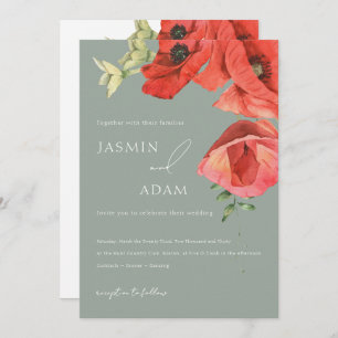 Faire-part de mariage Sage Green et Red Poppies