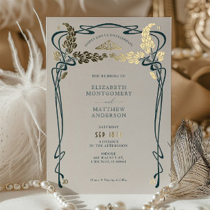 Faire-part de mariage sarcelle Art nouveau vintage
