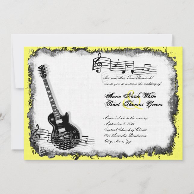 Faire-part de mariage sauvage de musique de jaune (Devant)