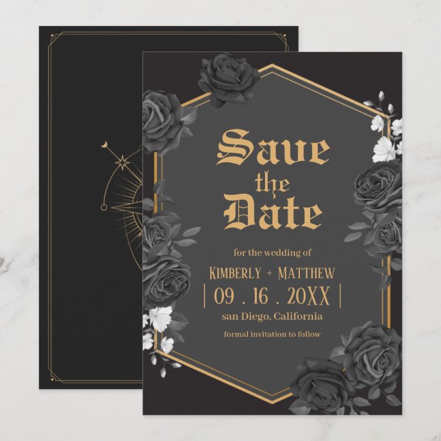 Faire-part de mariage Save The Date rose damas noi (Devant / Derrière)