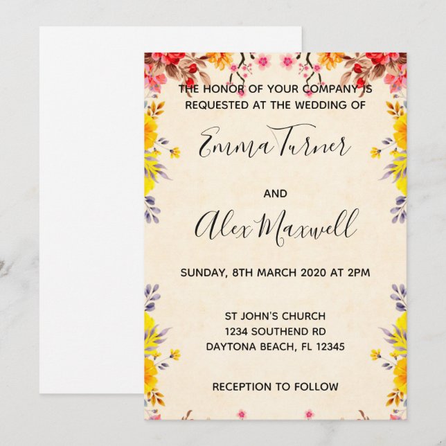 Faire-part de mariage | Script floral romantique (Devant / Derrière)