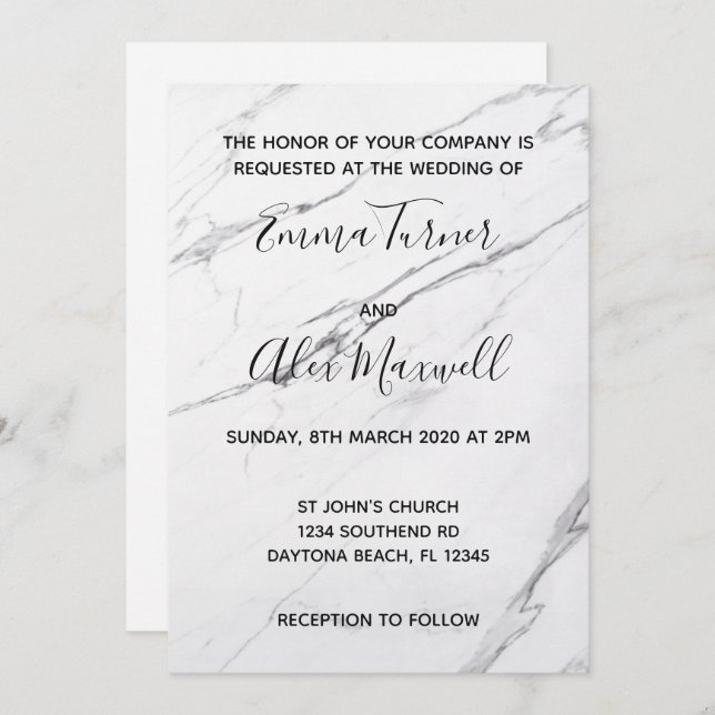 Faire-part de mariage | Script Marbre blanc modern (Devant / Derrière)
