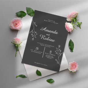 Faire-part de mariage simple à feuille noire et bl