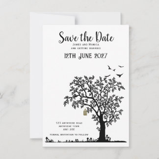 Faire-part de mariage simple arbre/oiseau noir et 