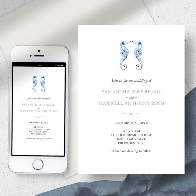 Faire-part de mariage sur la plage avec QR Code Bl (Beach wedding invitation dusty blue seahorse watercolor art by Victoria Grigaliunas)