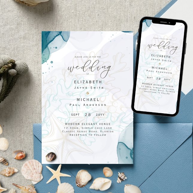 Faire-part de mariage Teal Gold Ocean Life Beach (Créateur téléchargé)