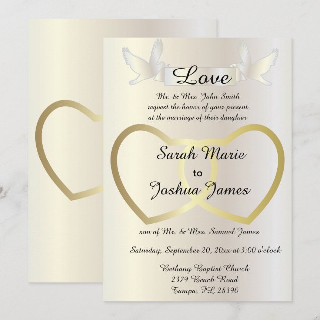 Faire-part de mariage - Thème Coeurs d'Or (Devant / Derrière)