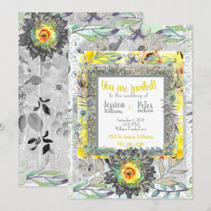 Faire-part de mariage tournesol gris jaune rustiqu