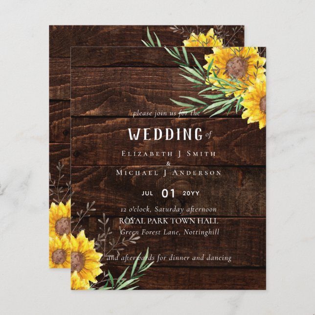 Faire-part de mariage Tournesols rustiques Feuille (Devant / Derrière)